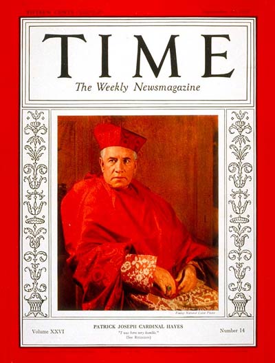 TIME Magazine Cover: Cardinal Hayes -- Sep. 30, 1935