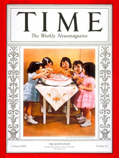 TIME Magazine Cover: Dionne Quintuplets -- May 31, 1937