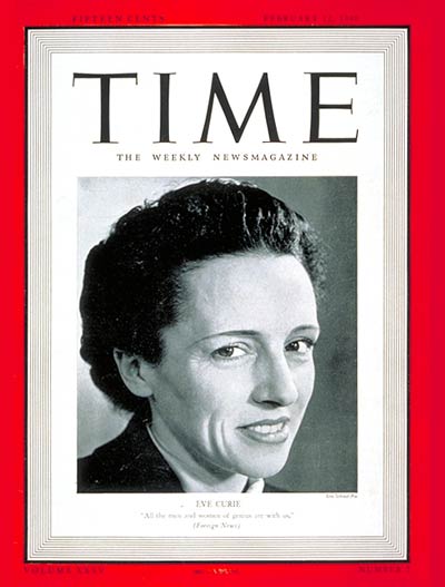 TIME Magazine Cover: Eve Curie -- Feb. 12, 1940