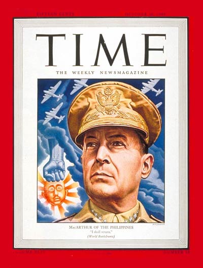 American General Douglas MacArthur, with a fist punching an image of Japanese Emperor Hirohito