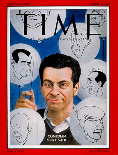 Comedian Mort Sahl surrounded by caricatures of other famous comics