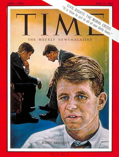Illustration of Robert F. Kennedy alone and confering with brother, President John F. Kennedy.