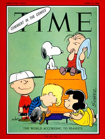 Charles Schulz's comic strip Peanuts with Charlie Brown, Snoopy, Linus, Schroeder and Lucy