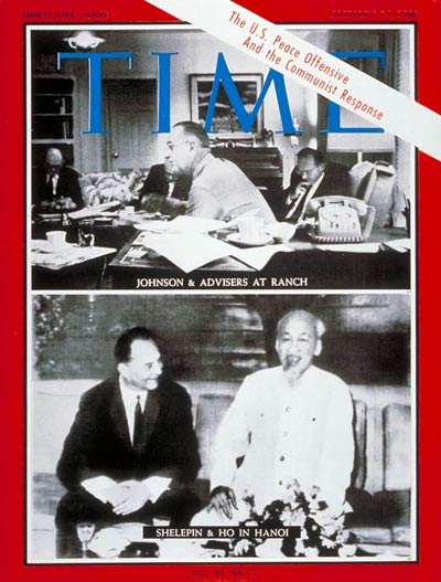 Top: Lyndon Johnson and advisors at JBJ Ranch; Bottom: Soviet Troubleshooter Aleksandr Shelepin and Ho Chi Minh
