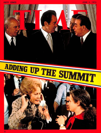 On cover (Top L-R) Soviet president Podgorny, Nixon and Brezhnev (Bottom) Pat Nixon talking w/ Russian reporters