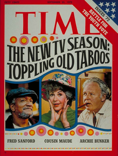 Left to right: Redd Foxx as Fred Sanford, Bea Arthur as Cousin Maude and Carroll O'Connor as Archie Bunker. Design by Norman Gorbaty