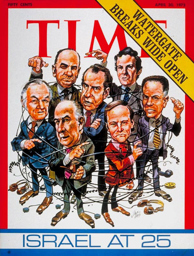Richard M. Nixon (C), & clockwise fr. top L: James McCord Jr., Jeb Stuart Magruder, H.R. Haldeman, John W. Dean III, John Mitchell and Maurice Stans
