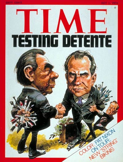 Richard Nixon and Leonid Brezhnev meet about detente and nuclear arms control.