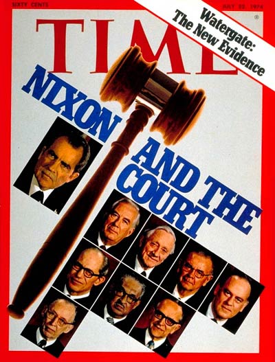 Far L: Richard Nixon. From top L-R: Burger, Douglas, Brennan and Stewart.  Middle L-R: White, Marshall and Blackmun.  Bottom: Powell