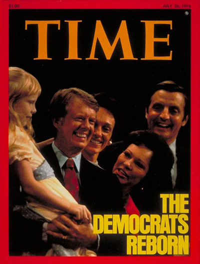 Democratic candidates Jimmy Carter (holding daughter Amy) & Walter Mondale with family members after acceptance speeches at the Democratic National convention
