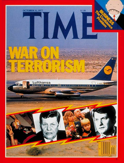Highjacked Lufthansa Flight 181 at Dubai airport Inset:s (L-R): woman terrorist by Catherine LeRoy; Hanns-Martin Schleyer by Melloul-Sygma; returned hostages by Alain Keler-Sygma; Jurgen Schumann by AP.