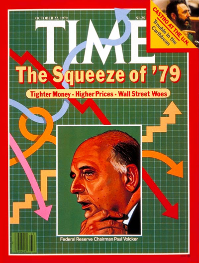 The Squeeze  '79'   Federal Reserve Chairman Paul Volcker. Inset:, Fidel Castro at the UN, from Abbas-Gamma Liaison.