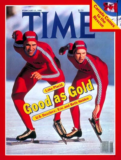 U.S. Olympic speed skaters Eric and Beth Heiden. Inset: Canadian flag