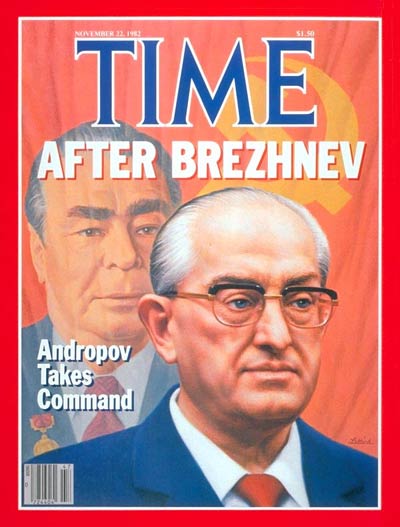 Yuri Andropov.  In background Leonid Brezhnev.