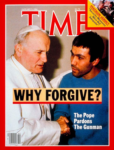Pope John Paul II pardoning gunman Mehmet Ali Agca, who tried to assassinate him, from L'Osservatore Romano.