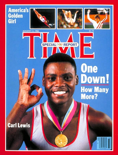U.S. Olympic track star Carl Lewis. Insets: U.S. gymnast Mary Lou Retton by James Drake (2) and John Iacono.