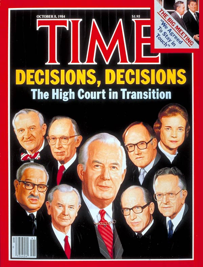 U.S. Supreme Court (clockwise fr. top L): Justices John P. Stevens, Lewis Powell, William H. Rehnquist, Sandra Day O'Connor, Harry Blackmun, Byron White, William J. Brennan, Thurgood Marshall,  and center Justice Warren Burger. Inset: Andrei Gromyko.