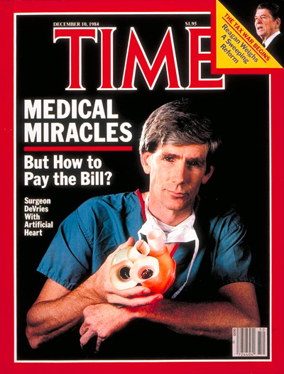 Artificial Heart Transplant Specialist, Surgeon William DeVries.  Inset: President Ronald Reagan.