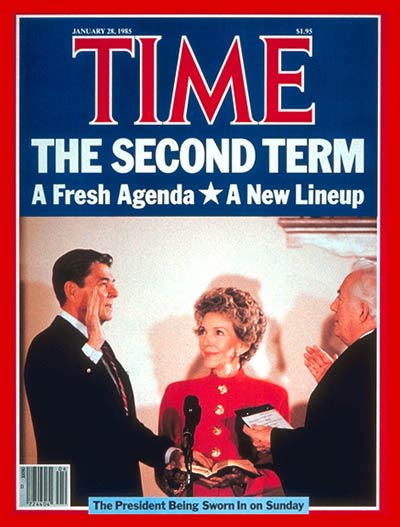 President Ronald Reagan being sworn for second term in office as wife Nancy looks on.  On cover: fr. L-R: Ronald Reagan, Nancy Reagan and Chief Justice Burger