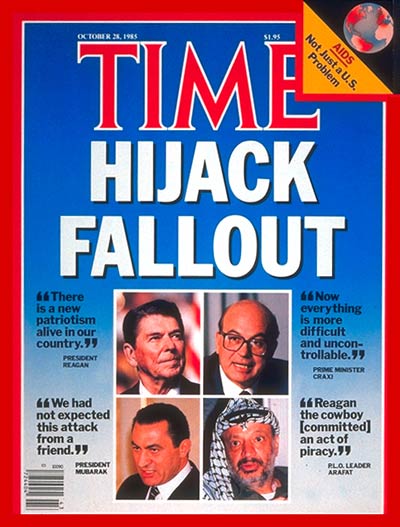 The Hijack Fallout.  On cover: clockwise fr. top L: Reagan, Craxi, Arafat and Mubarak