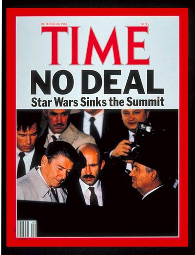 U.S. president Ronald Reagan and Russian leader Mikhail Gorbachev leaving unsuccessful arms summit meeting.