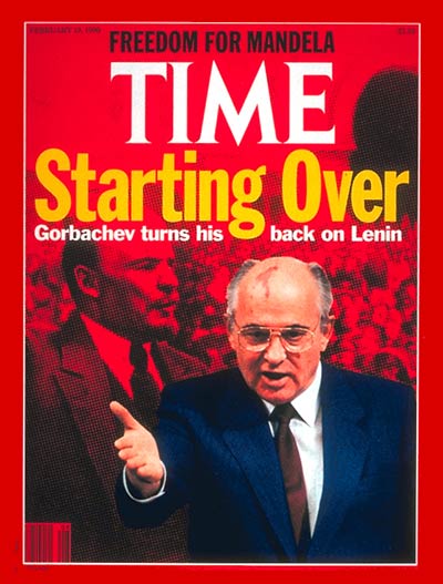 Russian leaders Mikhail Gorbachev (R) and Vladimir Lenin (L)