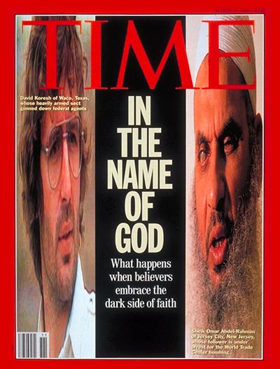 In the Name of God.'  Computer-altered images: David Koresh from Nine Network Australia; Sheik Omar Abdel-Rahman for TIME by Christopher Morris-Black Star.