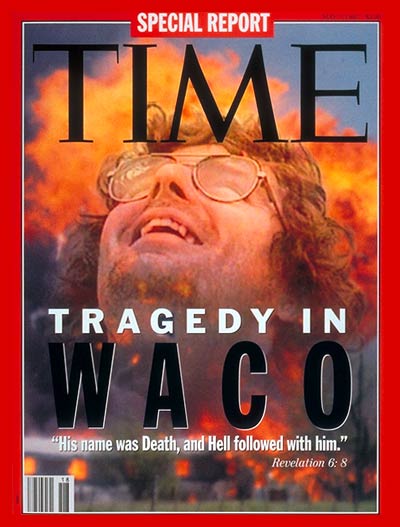 The Siege at Waco. Photomontage: Explosion of Waco compound for TIME by Shelly Katz-Black Star; David Koresh from Nine Network Australia.