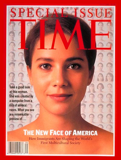 Special Issue on Immigrants: The New Face of America.  Computer Morphing by Kin Wah Lam; Design by Walter Bernard and Milton Glaser. Morphed face  is 15% Anglo-Saxon, 17.5% Middle Eastern, 17.5% African, 7.5% Asian, 35% Southern European and 7.5% Hispanic.  