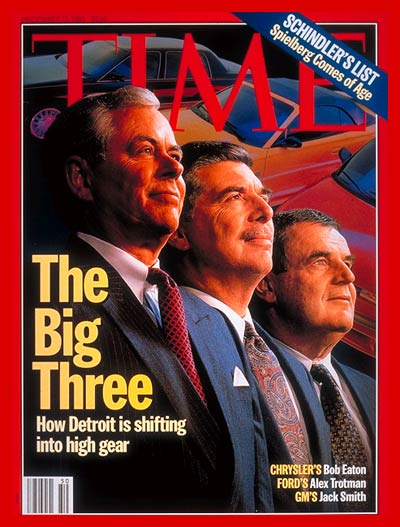 The Big Three.  On cover: (L-R) Chrysler's Bob Eaton, Ford's Alex Trotman and GM's Jack Smith.