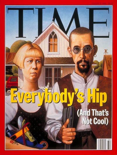 Parody of Grant Wood's painting American Gothic showing subjects with various ''hip'' accoutrements.