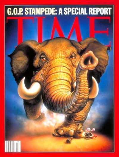 Stampeding elephant symbolizes overwhelming Republican victories in the national elections.