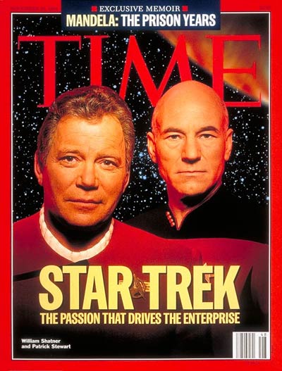 Star Trek.  On cover: William Shatner and Patrick Stewart posing together for the first time-photographed for TIME by Gregory Heisler. Star background for photomontage from JPL/NASA.