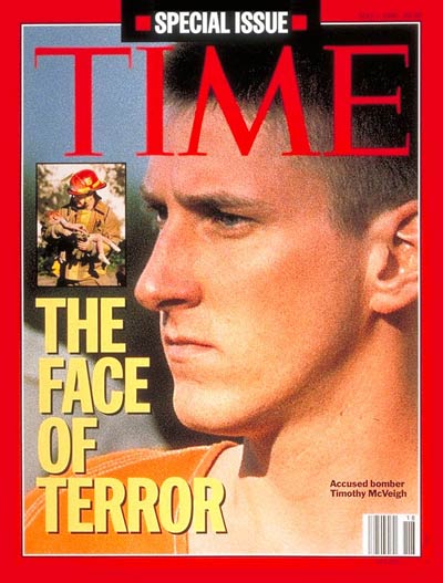 Oklahoma City terror bomber Timothy McVeigh, from SABA. Inset:  Oklahoma City fireman w. child's body by Charles H. Porter IV-Sygma.