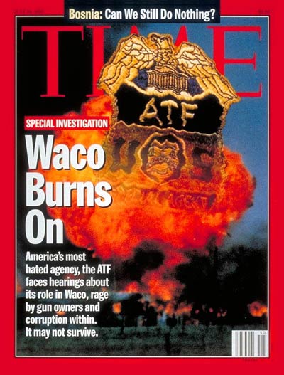 The Investigation into Waco. Digital photomontage. Badge for TIME by Alex Quesada-Matrix; Waco by Jerry Hoefer/Fort Worth Star Telegraph/SIPA Press.