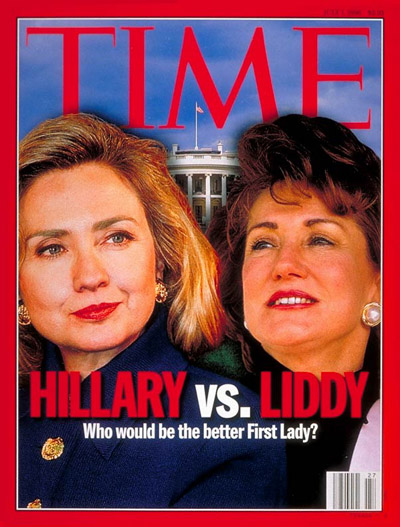 Hillary Clinton and Elizabeth Dole.  Digitally altered photomontage. Hillary by Jeff Christensen-SIPA PRESS; Liddy for TIME by Brooks Kraft-Sygma; White House by Jon Ortner-Tony Stone Images