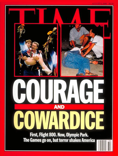 (L) Kerri Strug carried by coach Bela Karolyi by Doug Pensinger-Allsport. (R) Wounded Atlanta bombing victim by Elio Castoria/Sestini/LGI