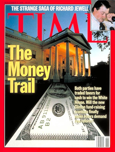 On The Money Trail. Digital photomontage. White House from Woodfin Camp. Inset: Photograph by Doug Collier-AFP.