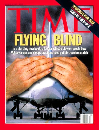 Flying Blind' Are FAA cover-ups and sloppy practices endangering air travelers? Digital photomontage by Arthur Hochstein. Plane by Mark Wagner-Tony Stone Images; hands by Ted Thai; background by Lorentz Gallachsen-Tony Stone Images.