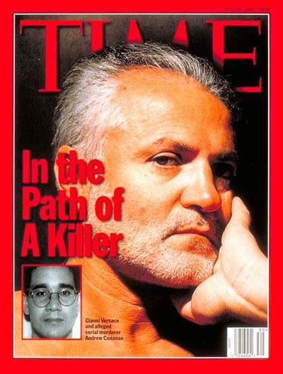 The death of Gianni Versace. Inset: alleged serial murderer Andrew Cunanan from the FBI via AP.