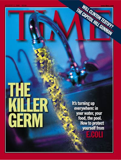 The Killer Germ' E. Coli outbreaks. Digital photomontage. Electron micrograph  E. coli O157:H7 bacteria