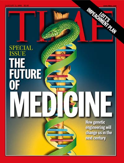 double helix w. caduceus re: article on future  medicine. Illustration for TIME by Jerry Laro.