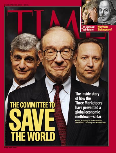 Federal Reserve Board chmn. Alan Greenspan (C) flanked by Treasury Secy. Robert Robin & Deputy Treasury Secy. Lawrence Summers. Inset:s: The Clintons by Doug Mills-AP; engraving  Shakespeare by Martin Droeshout-Granger Collection