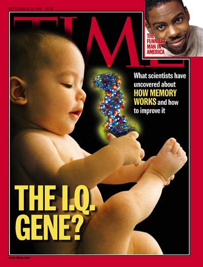 The IQ Gene?' Genetics and intellegence. Digital image by Arthur Hochstein, baby by Jose Carrillo-PhotoEdit, DNA by Ken Edward-Photo Researchers. Inset:; Chris Rock by Kwaku Alston.
