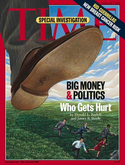 Big Money & Politics. Giant shoe about to crush tiny people re. big money buying political power to the detriment of the general public. Illustration by Mark Hess.
