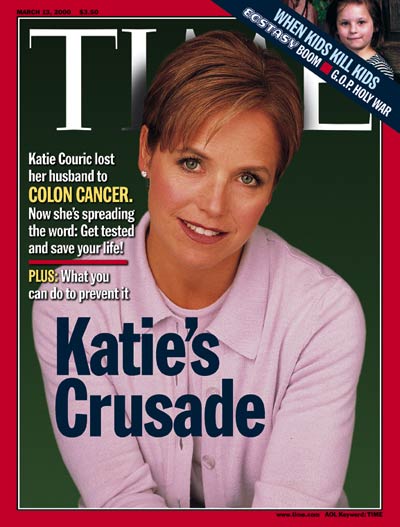TV journalsit Katie Couric and headline KATIE'S CRUSADE represent her attempt to make the public more aware of colon cancer. Photograph for TIME by Andrew Eccles. Inset: Photograph from The Flint Journal-Liaison.