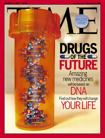 Double helix  pills in bottle represent drugs of  the future