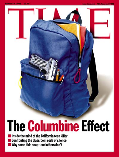 A student's backpack containing a hand gun re school violence. Digital illustration for TIME by Arthur Hochstein. Gun by Dennis Chalkin.