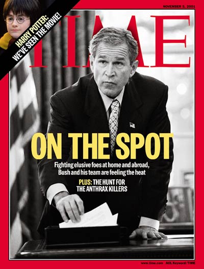 President George W. Bush 'ON THE SPOT'  Photograph for Time by Brooks Kraft-Gamma.   Inset photo by Peter Mountain-Warner Bros.