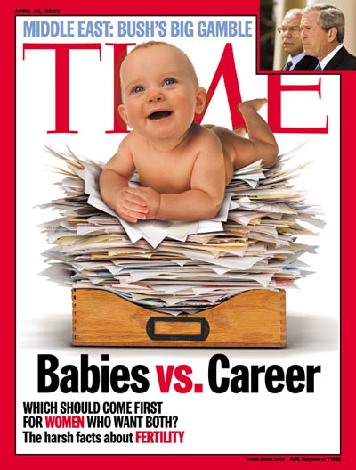 Infant atop a pile of documents represents children vs. a career. Inset: Colin Powell & George W. Bush by Brooks Kraft/Gamma